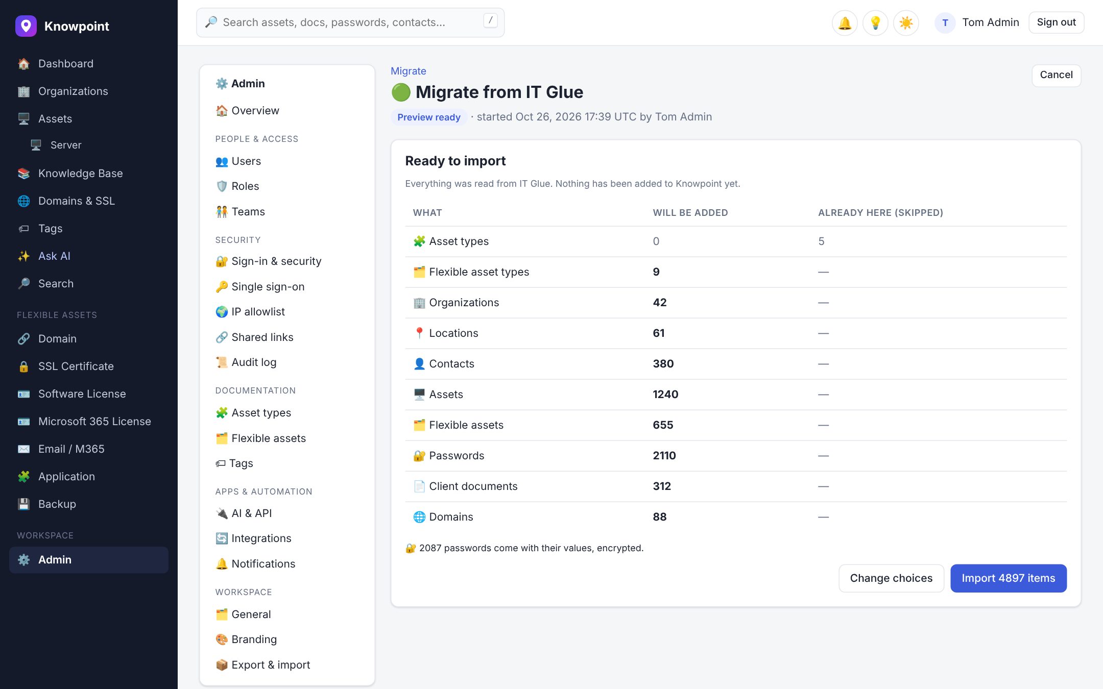 The migration preview: how many organizations, assets, flexible assets, passwords and documents will be added from IT Glue